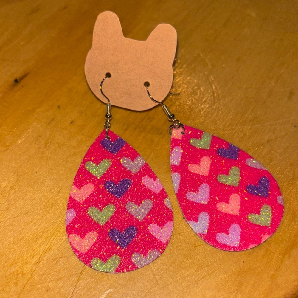Boutique Valentines Day multicolored glittered heart drop dangle earrings -New!